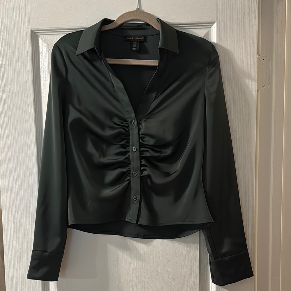 Dark Green Satin Ruched Blouse